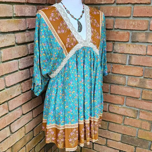 GiGiO Brand Dress Teal Multi Floral Print Crochet Trim Size Small - Picture 3 of 10